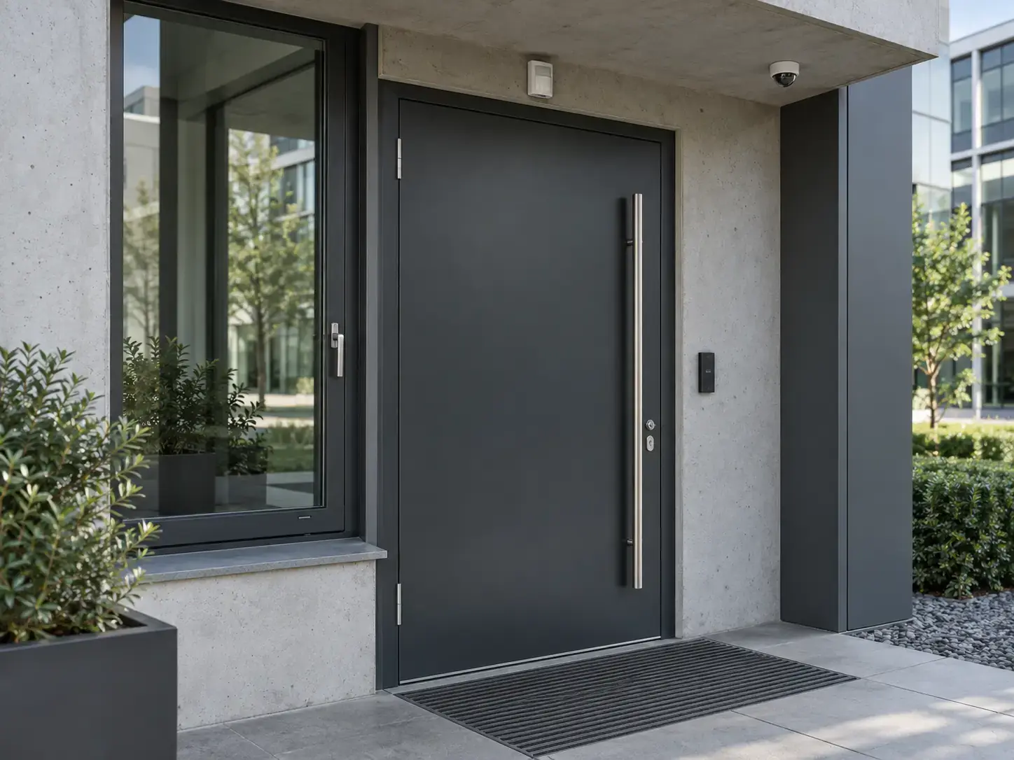 Gebäudeeingang mit Schließzylinder, Türbeschlag, Fenstergriff, Zutrittsleser, Kamera und Bewegungsmelder – mechanische und elektronische Sicherheitstechnik im Zusammenspiel
